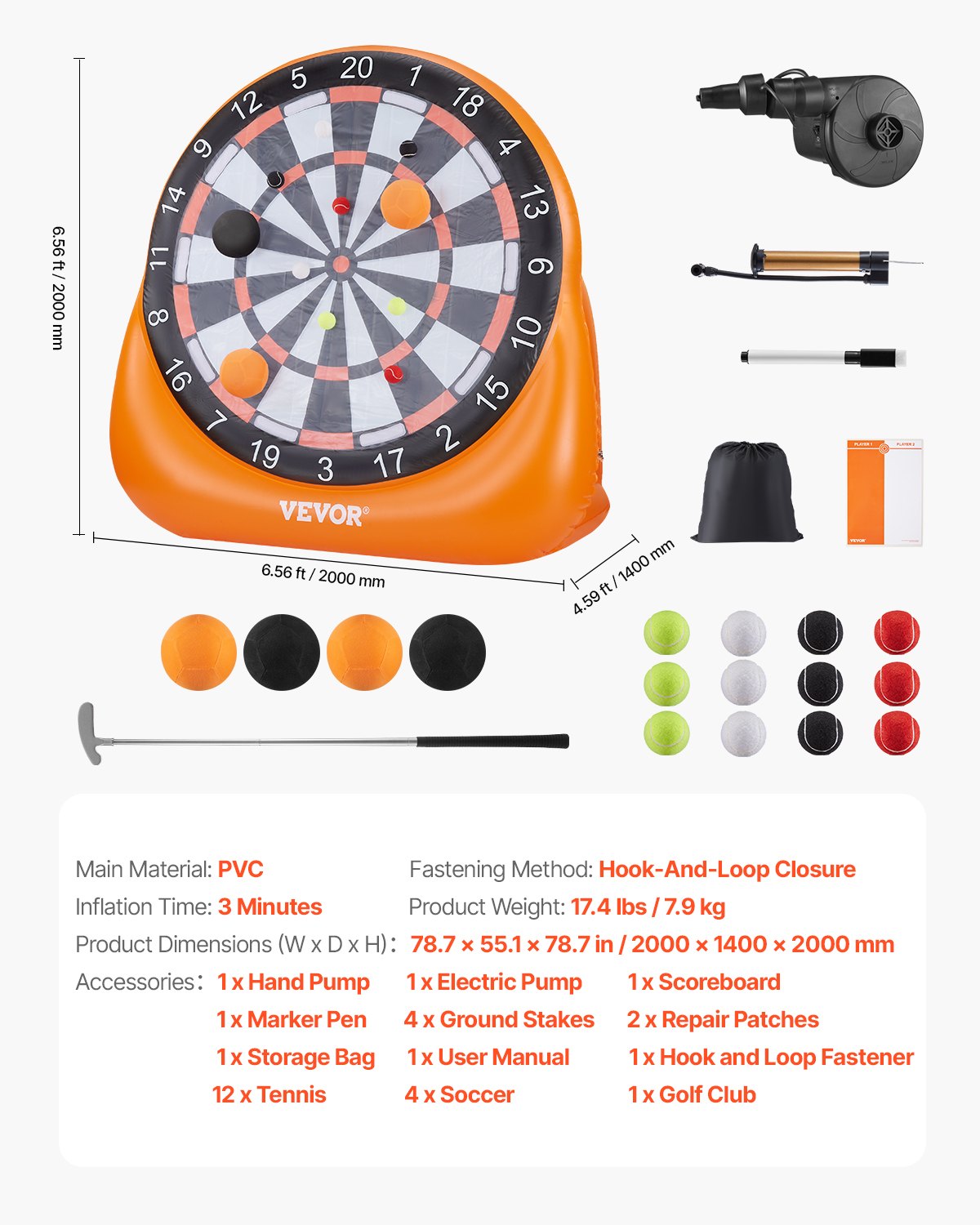 VEVOR Inflatable Soccer Dart Board, over 2 m High Giant Soccer Dart Board with 4 Kick Balls, 12 Tennis and Air Pump, 3-Min Setup, Ideal for Giant Yard Games, Giant Kick Darts Game, Backyard Golf Game