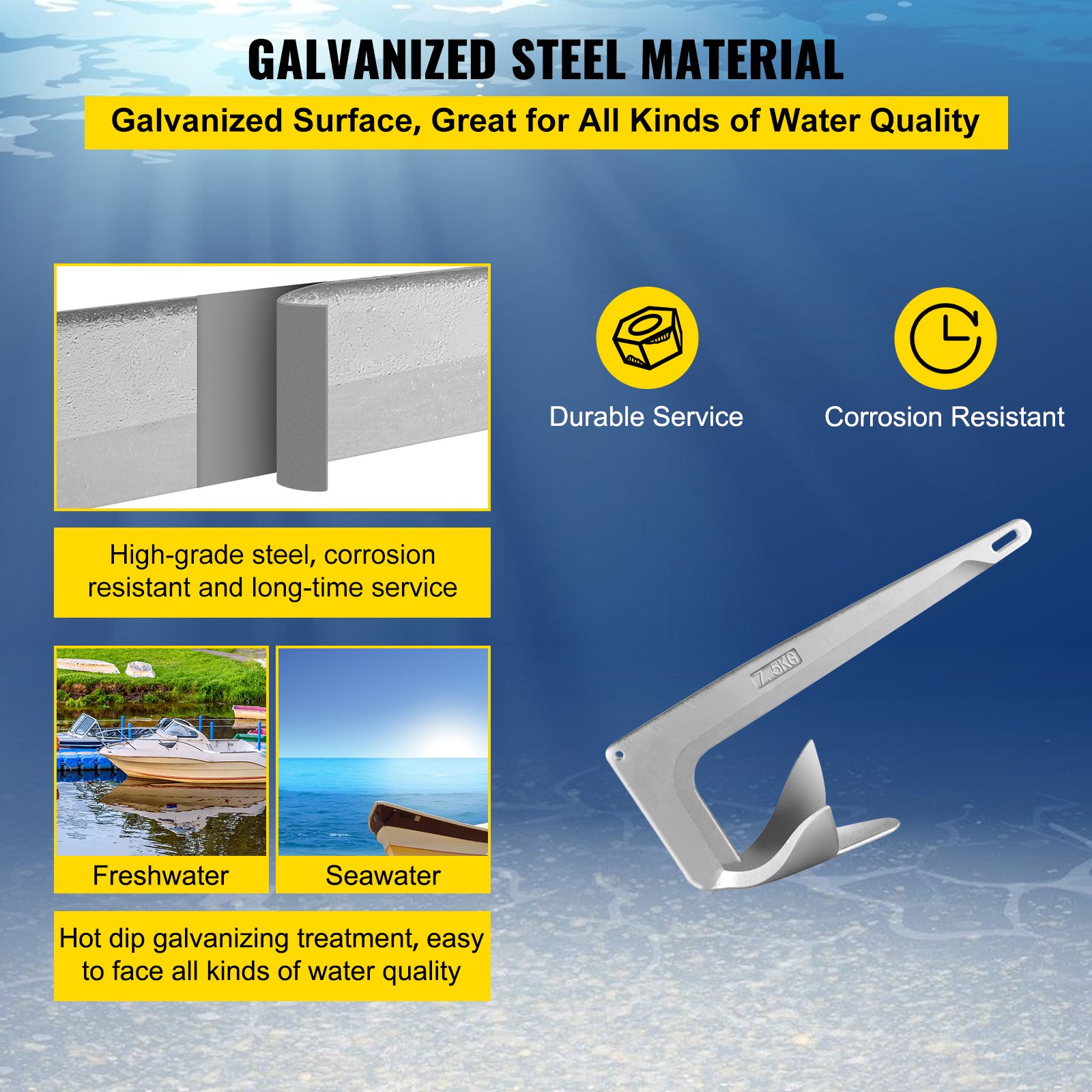 VEVOR Bruce Claw Anchor 16.5 lb Boat Anchor, Galvanized Steel Boat Anchor, 7.5 kg Marine Anchor with One Anchor Shackle, Heavy Duty Boat Anchor for 23-30 ft Boat Yacht Mooring on The Beach