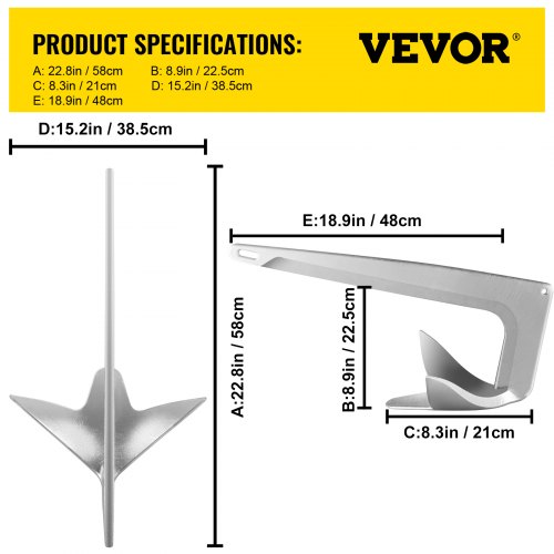 VEVOR Bruce Claw Anchor 22 lb Boat Anchor, Galvanized Steel Boat Anchor, 10 kg Marine Anchor with One Anchor Shackle, Heavy Duty Boat Anchor for 26'-33' Boat Yacht Mooring on The Beach