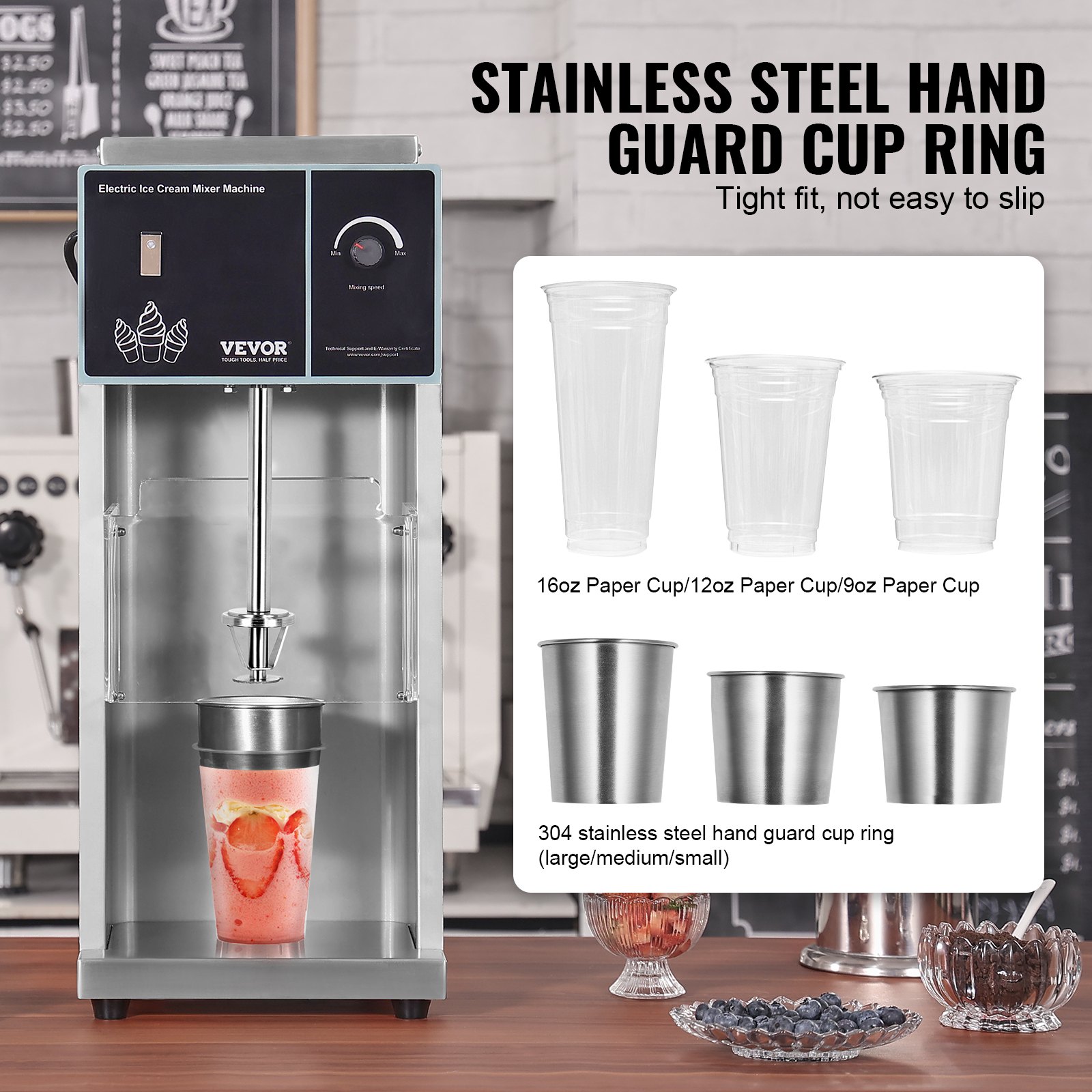 VEVOR Ice Cream Blender, 400W High-Speed Ice Cream Maker Mixer Stir Machine 4200RPM, Stepless Speed Adjustment, 304 Stainless Steel Ice Cream Shaker, 3 Hand Cups, Make Various Flavors of Ice Cream