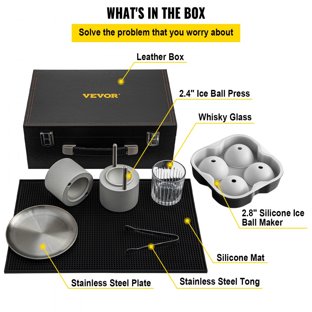 VEVOR Ice Ball Press Kit, Anodized 7075 Aluminum, with Silicone Moulds, Large Mat, Stainless Steel Tong & Two Glasses, Double Size Crystal Clear Rounds for Whiskeys, Cocktails on Parties & Holidays