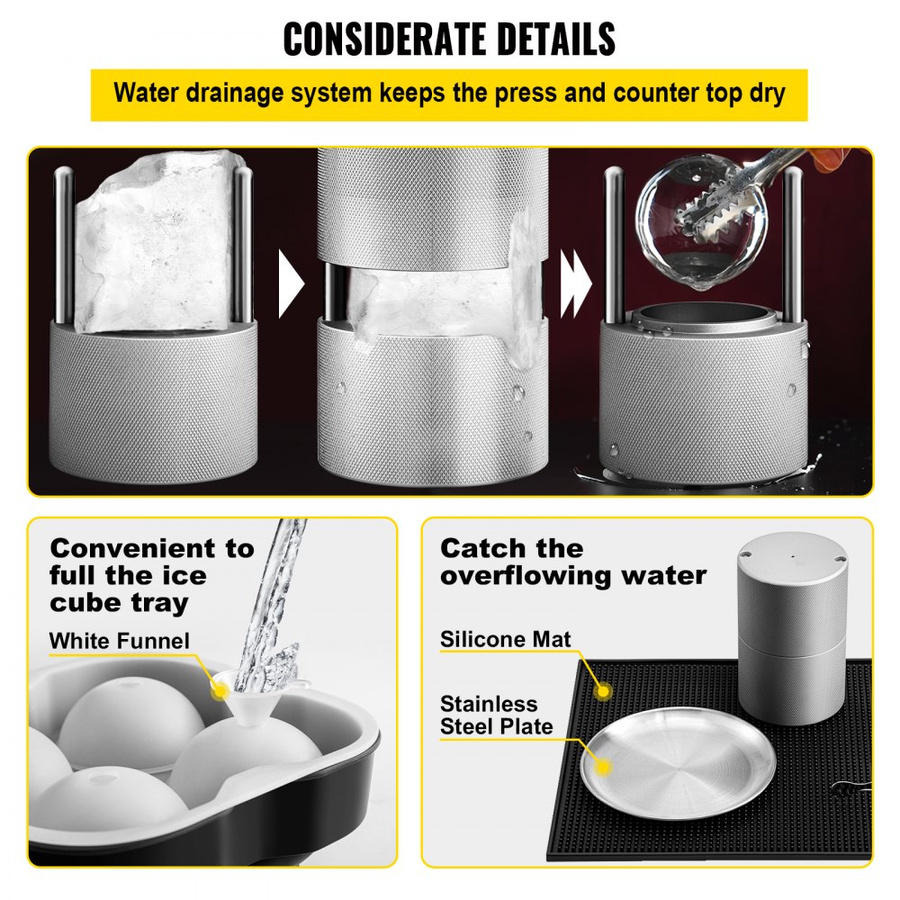 VEVOR Ice Ball Press Kit, Anodized 7075 Aluminum, with Silicone Moulds, Large Mat, Stainless Steel Tong & Two Glasses, Double Size Crystal Clear Rounds for Whiskeys, Cocktails on Parties & Holidays