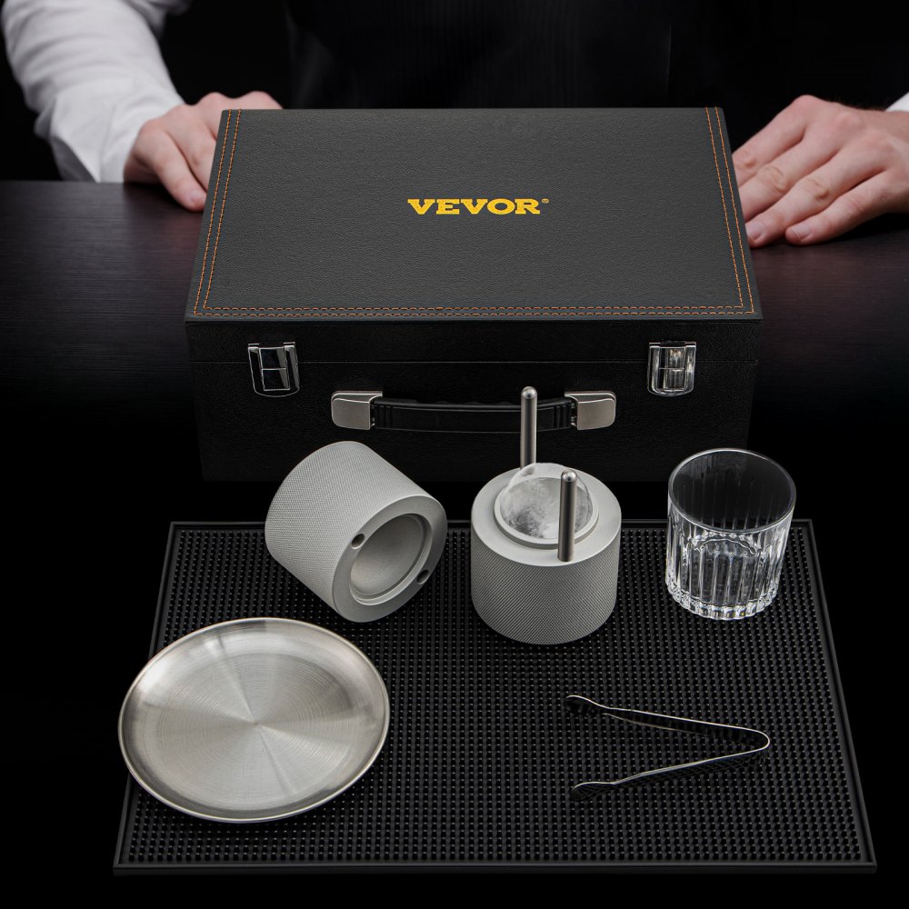 VEVOR Ice Ball Press Kit, Anodized 7075 Aluminum, with Silicone Moulds, Large Mat, Stainless Steel Tong & Two Glasses, Double Size Crystal Clear Rounds for Whiskeys, Cocktails on Parties & Holidays