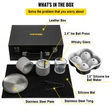 VEVOR Ice Ball Press Kit, Anodized 7075 Aluminum, w/ Silicone Moulds, Large Mat, Stainless Steel Tong & Two Glasses, Double Size Crystal Clear Rounds for Whiskeys, Cocktails on Parties & Holidays