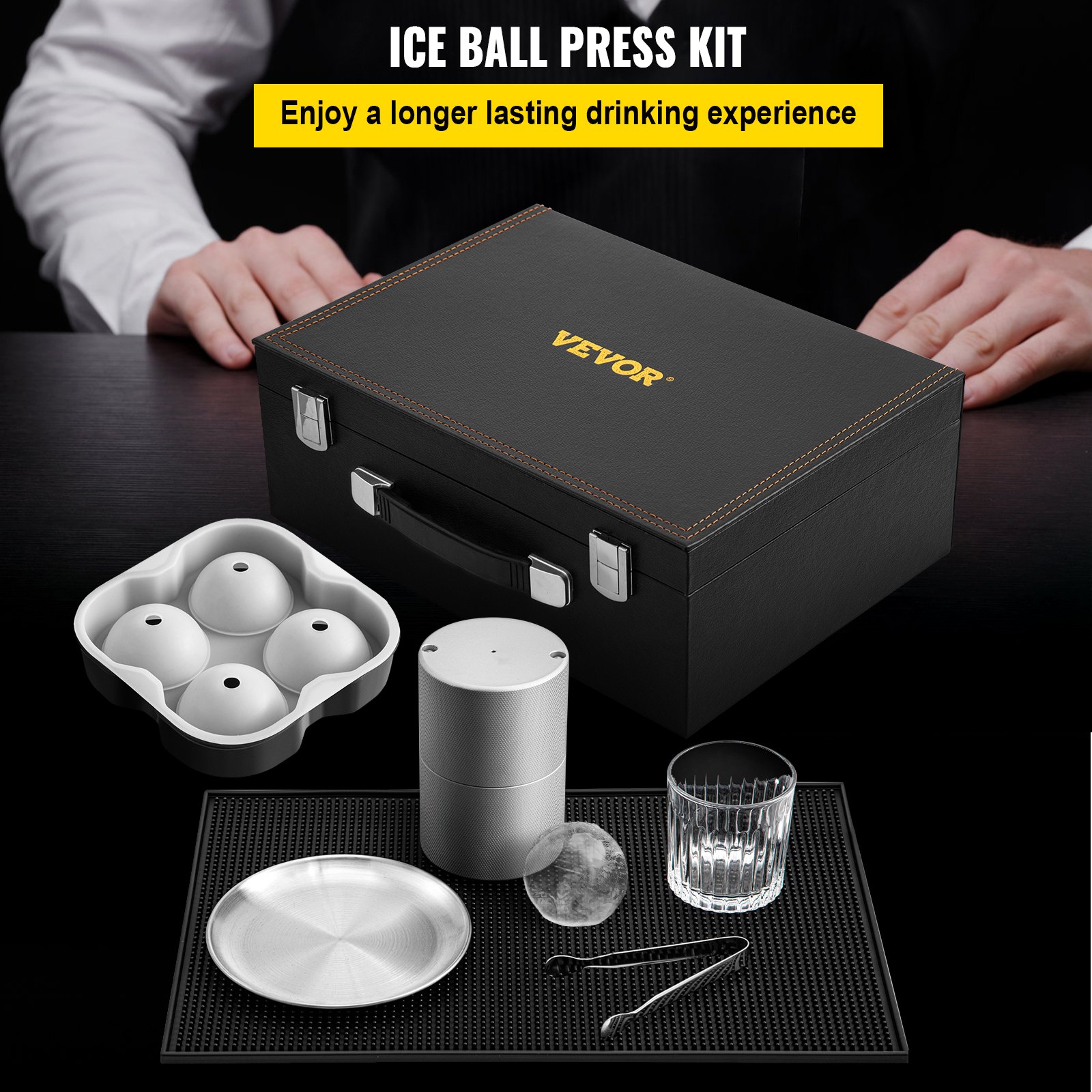 VEVOR Ice Ball Press Kit, Anodized 7075 Aluminum, with Silicone Moulds, Large Mat, Stainless Steel Tong & Two Glasses, Double Size Crystal Clear Rounds for Whiskeys, Cocktails on Parties & Holidays