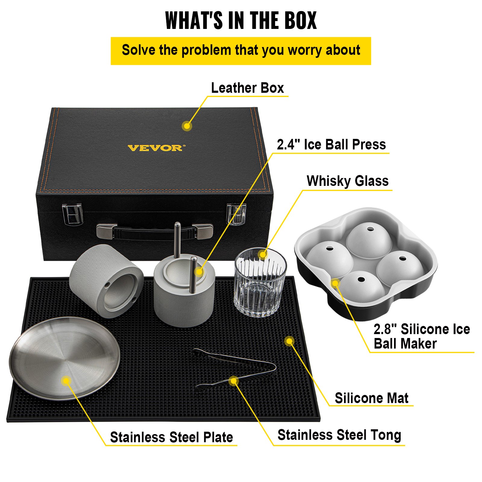VEVOR Ice Ball Press Kit, Anodized 7075 Aluminum, with Silicone Moulds, Large Mat, Stainless Steel Tong & Two Glasses, Double Size Crystal Clear Rounds for Whiskeys, Cocktails on Parties & Holidays