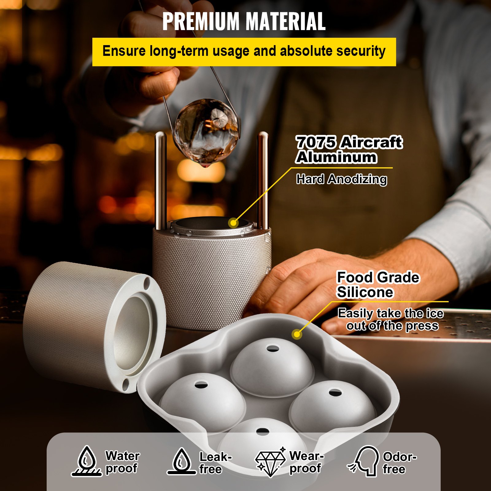 VEVOR Ice Ball Press Kit, Anodized 7075 Aluminum, with Silicone Moulds, Large Mat, Stainless Steel Tong & Two Glasses, Double Size Crystal Clear Rounds for Whiskeys, Cocktails on Parties & Holidays