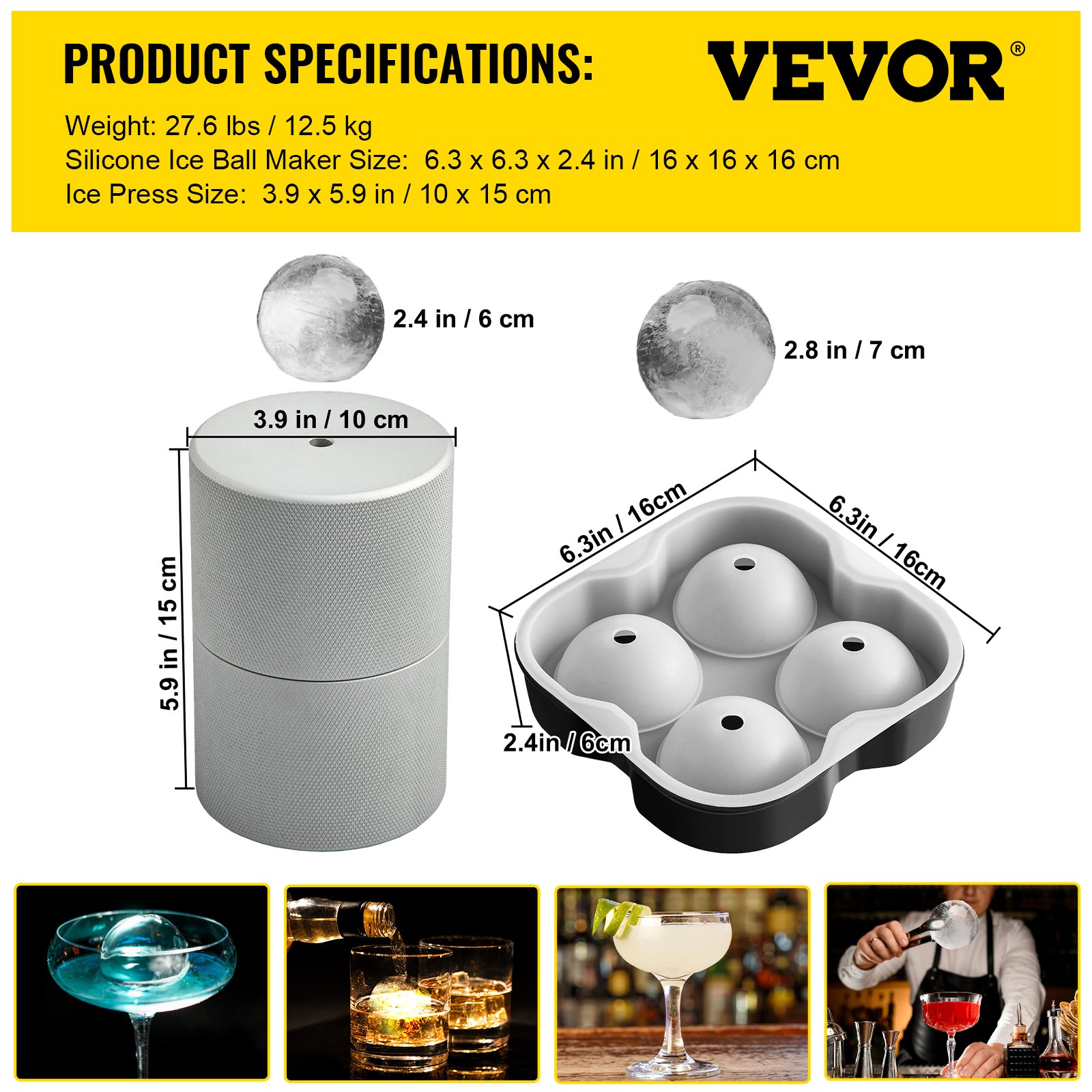 VEVOR Ice Ball Press Kit, Anodized 7075 Aluminum, with Silicone Moulds, Large Mat, Stainless Steel Tong & Two Glasses, Double Size Crystal Clear Rounds for Whiskeys, Cocktails on Parties & Holidays