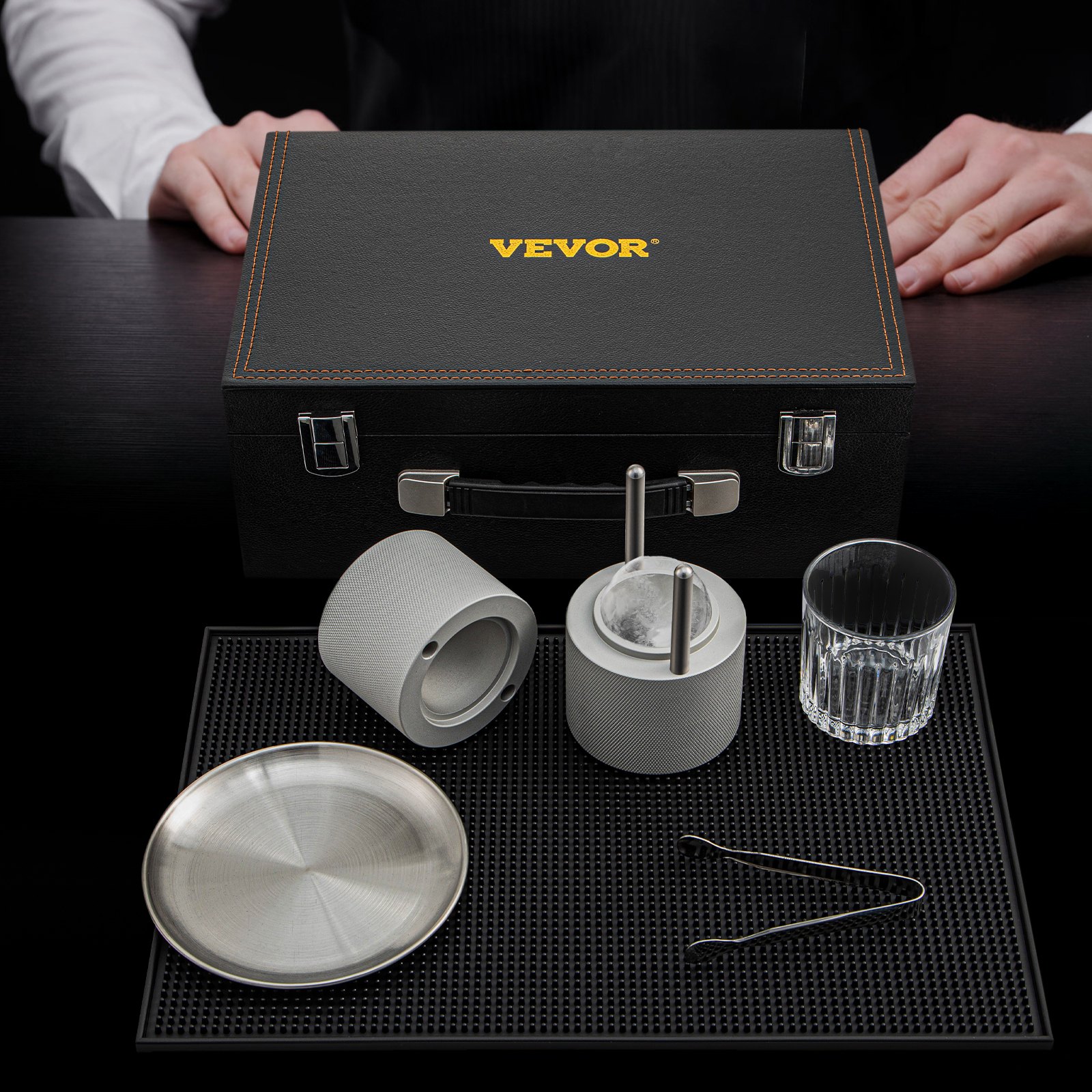 VEVOR Ice Ball Press Kit, Anodized 7075 Aluminum, with Silicone Moulds, Large Mat, Stainless Steel Tong & Two Glasses, Double Size Crystal Clear Rounds for Whiskeys, Cocktails on Parties & Holidays