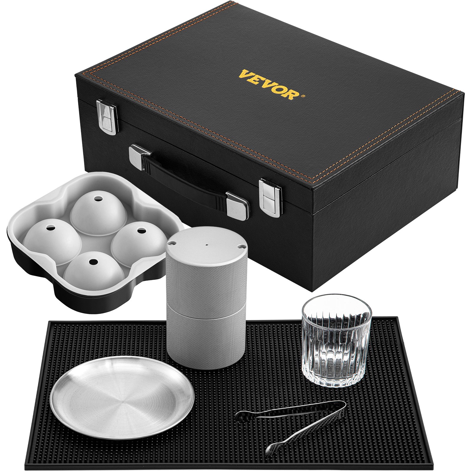 VEVOR Ice Ball Press Kit, Anodized 7075 Aluminum, with Silicone Moulds, Large Mat, Stainless Steel Tong & Two Glasses, Double Size Crystal Clear Rounds for Whiskeys, Cocktails on Parties & Holidays