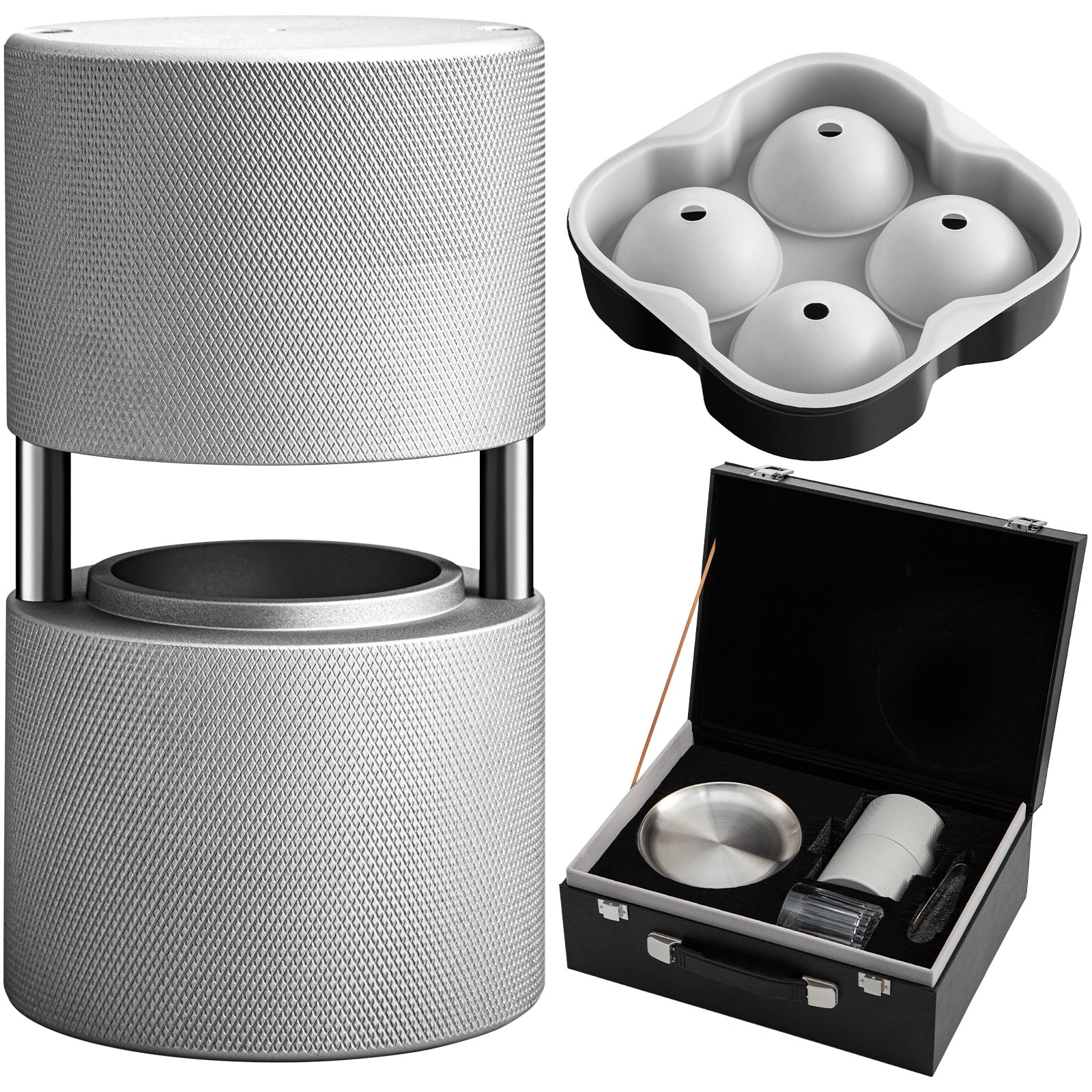 VEVOR Ice Ball Press Kit, Anodized 7075 Aluminum, with Silicone Moulds, Large Mat, Stainless Steel Tong & Two Glasses, Double Size Crystal Clear Rounds for Whiskeys, Cocktails on Parties & Holidays