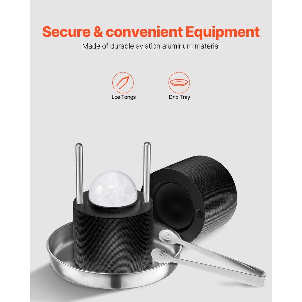 VEVOR Ice Ball Press Kit, Aviation Aluminum Ice Press with Ice Block Mold, Large Mat, Tong, Drip Tray, One Glass, Round Ice Ball Maker 2.4"/60 mm Ice Sphere, for Whiskey, Cocktail on Party & Holiday