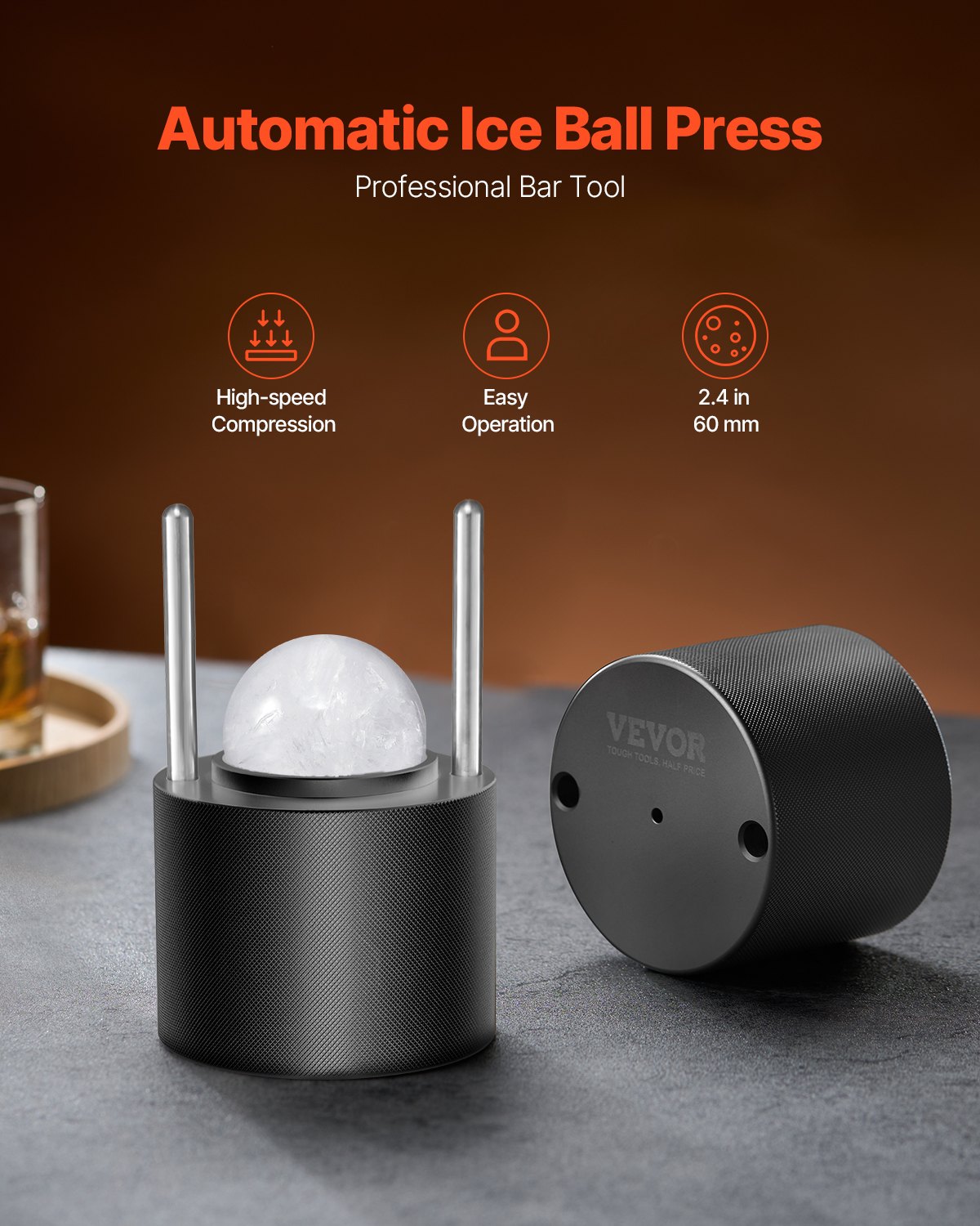 VEVOR Ice Ball Press Kit, Aviation Aluminum Ice Press with Ice Block Mold, Large Mat, Tong, Drip Tray, One Glass, Round Ice Ball Maker 2.4"/60 mm Ice Sphere, for Whiskey, Cocktail on Party & Holiday