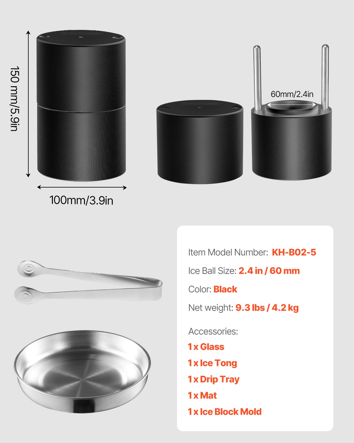 VEVOR Ice Ball Press Kit, Aviation Aluminum Ice Press with Ice Block Mold, Large Mat, Tong, Drip Tray, One Glass, Round Ice Ball Maker 2.4"/60 mm Ice Sphere, for Whiskey, Cocktail on Party & Holiday