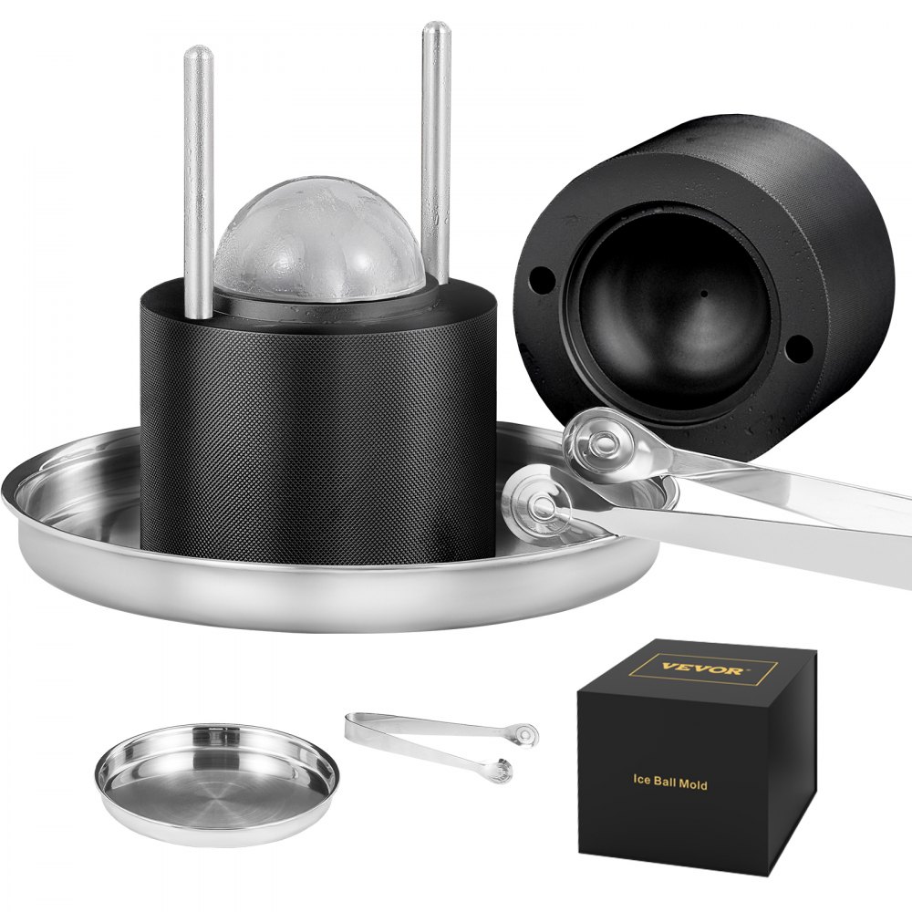 VEVOR Ice Ball Press, 2.4\" Ice Ball Maker, Aircraft Al Alloy Ice Ball Press Kit for 60mm Ice Sphere, Ice Press with Tong and Drip Tray, for Whiskey, Cocktail, Bourbon, Scot on Party & Holiday, Black