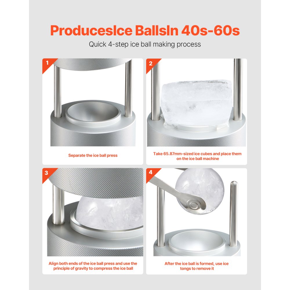 VEVOR Ice Ball Press, 2.1" Ice Ball Maker, Aviation Aluminum Ice Ball Press Kit for 53mm Ice Sphere, Ice Press with Tong and Drip Tray, for Whiskey, Cocktail, Bourbon, Scot on Party & Holiday