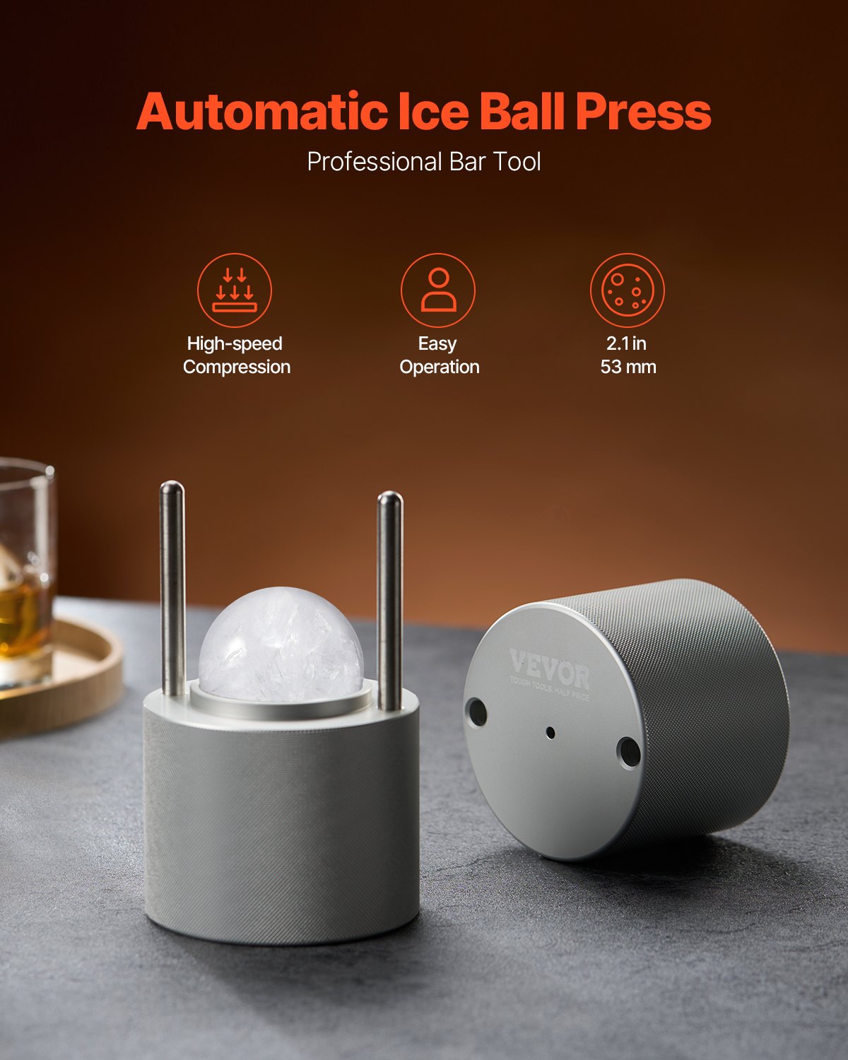 VEVOR Ice Ball Press, 2.1" Ice Ball Maker, Aviation Aluminum Ice Ball Press Kit for 53mm Ice Sphere, Ice Press with Tong and Drip Tray, for Whiskey, Cocktail, Bourbon, Scot on Party & Holiday