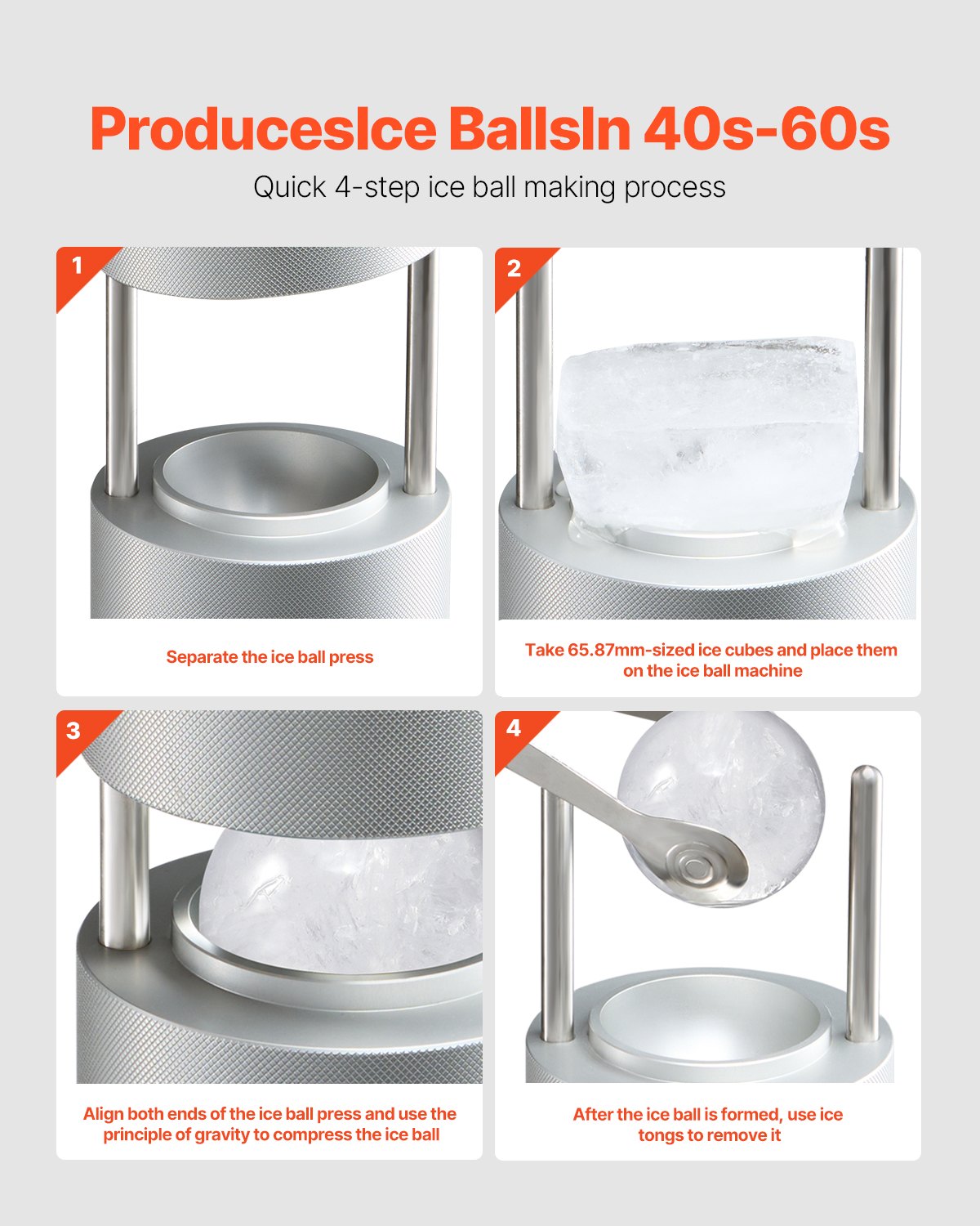 VEVOR Ice Ball Press, 2.1" Ice Ball Maker, Aviation Aluminum Ice Ball Press Kit for 53mm Ice Sphere, Ice Press with Tong and Drip Tray, for Whiskey, Cocktail, Bourbon, Scot on Party & Holiday