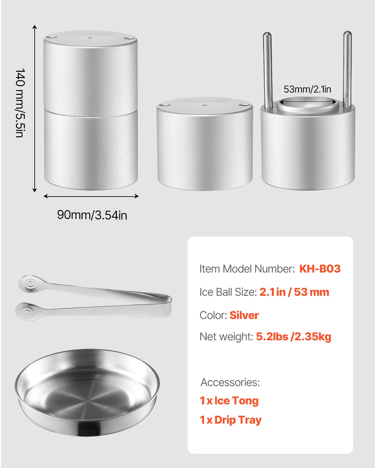 VEVOR Ice Ball Press, 2.1" Ice Ball Maker, Aviation Aluminum Ice Ball Press Kit for 53mm Ice Sphere, Ice Press with Tong and Drip Tray, for Whiskey, Cocktail, Bourbon, Scot on Party & Holiday