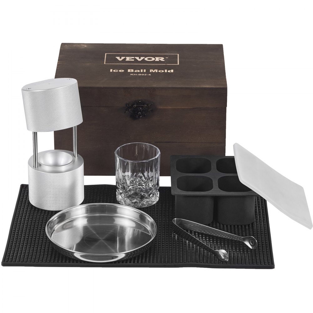 VEVOR Ice Ball Press Kit, Aircraft Al Alloy Ice Press with Ice Block Mold,  Large Mat, Tong, Drip Tray, One Glass, Round Ice Ball Maker 2.4/60 mm Ice