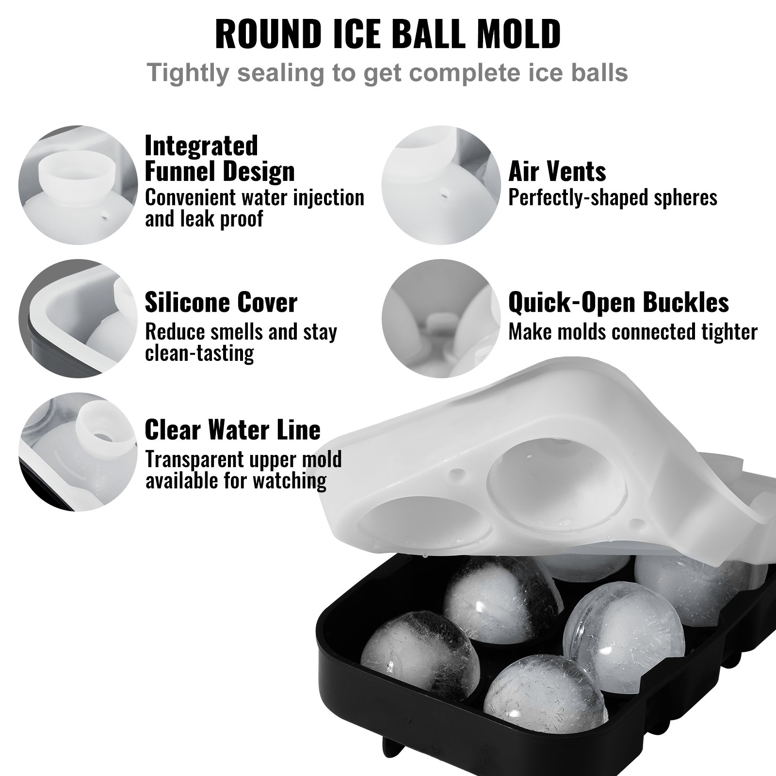 VEVOR Ice Ball Maker Δίσκος παγοθήκης σιλικόνης με καπάκι 2 πακέτα κοκτέιλ ουίσκι