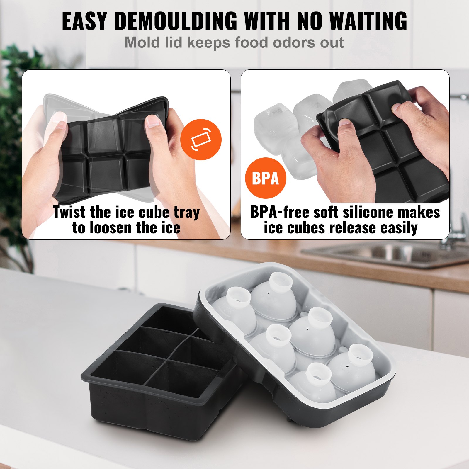 VEVOR Ice Ball Maker Δίσκος παγοθήκης σιλικόνης με καπάκι 2 πακέτα κοκτέιλ ουίσκι