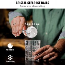 Fabricante de bolas de gelo VEVOR, fabricante de bolas de gelo cristalino Fabricante de esferas de gelo de 2,36 polegadas com bolsa de armazenamento e braçadeira de gelo, cubo de gelo redondo transparente com 2 cavidades para prensa de gelo para uísque escocês coquetel brandy