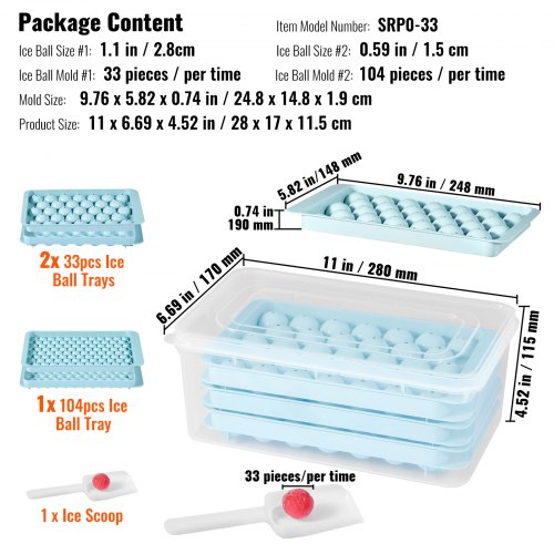 VEVOR Ice Cube Tray Set - 3-Pack With 170 Ice Balls, Ice Bin & Scoop, Round Ice Ball Maker