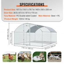 VEVOR Large Metal Chicken Coop with Run, Walkin Chicken Coop for Yard with Waterproof Cover, 13.1 x 9.8 x 6.6 ft, Dome Roof Large Poultry Cage for Hen House, Duck Coop and Rabbit Run, Silver