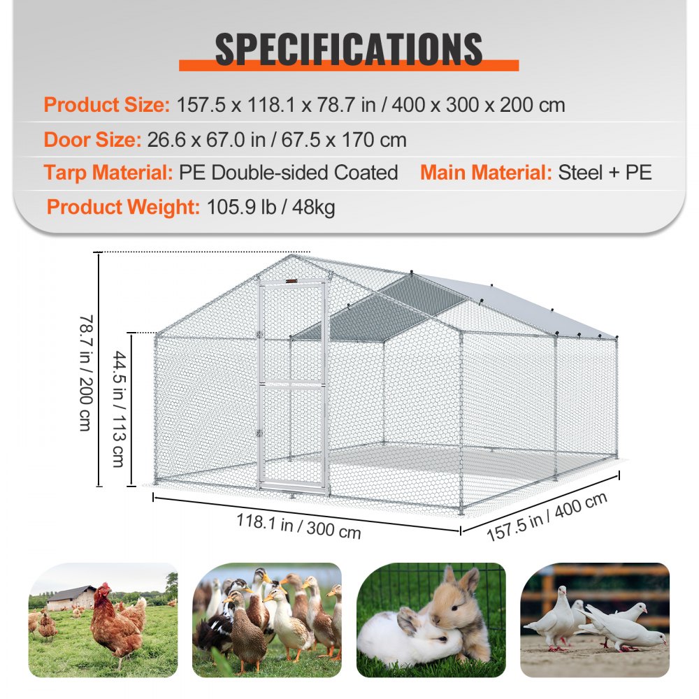 VEVOR Metal Chicken Coop, 13.1 x 9.8 x 6.6 ft Large Chicken Run, Peaked Roof Outdoor Walk-in Poultry Pen Cage for Farm or Backyard, with Water-proof Cover and Protection Mesh, for Hen, Duck, Rabbit
