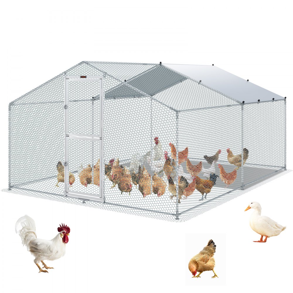 Coș de găini VEVOR, din metal, 13,1 x 9,8 x 6,6 ft, cușcă mare pentru pui, acoperiș cu vârf, cușcă pentru păsări de curte în aer liber pentru fermă sau curte, cu capac rezistent la apă și plasă de protecție, pentru găină, rață, iepure