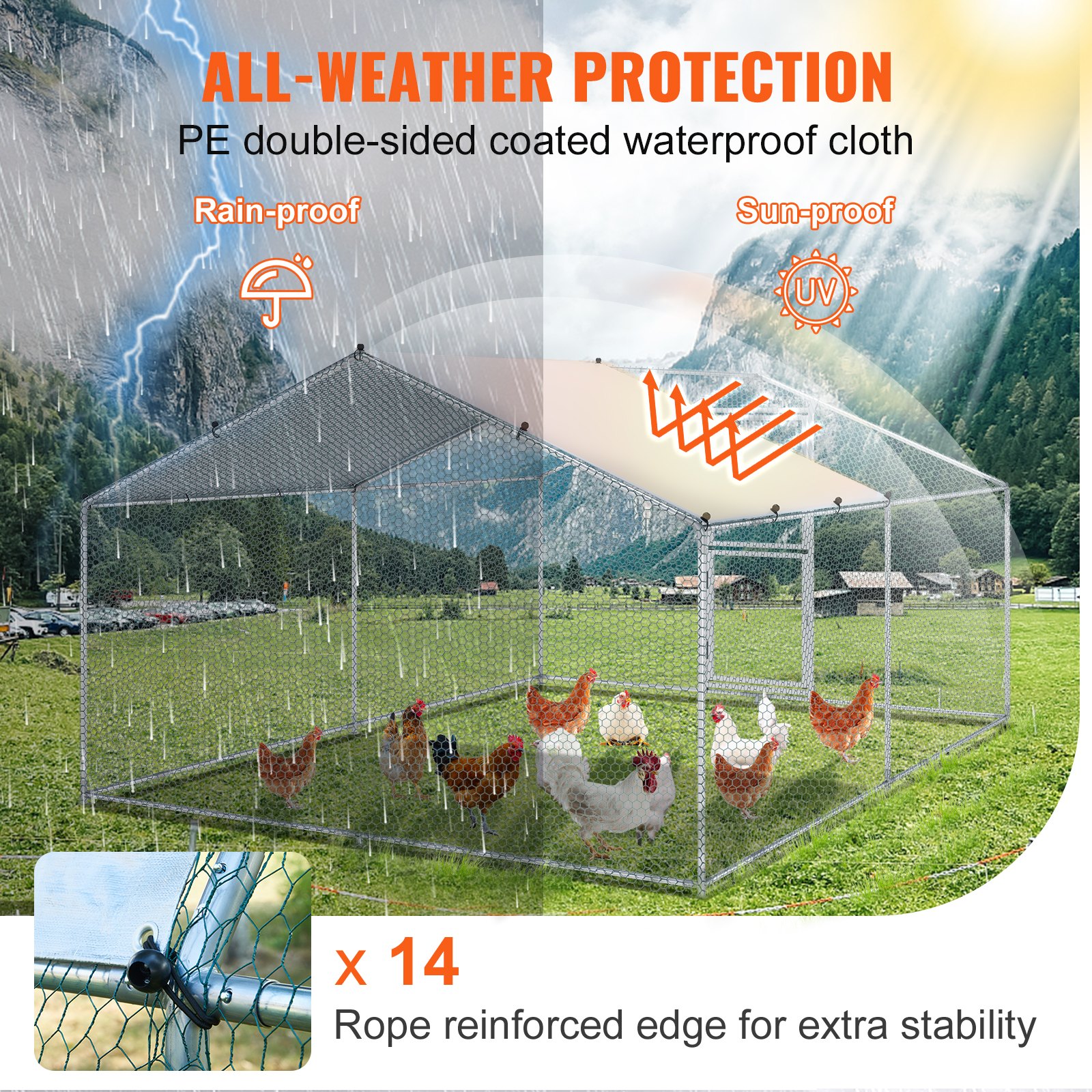 VEVOR Metal Chicken Coop, 13.1 x 9.8 x 6.6 ft Large Chicken Run, Peaked Roof Outdoor Walk-in Poultry Pen Cage for Farm or Backyard, with Water-proof Cover and Protection Mesh, for Hen, Duck, Rabbit