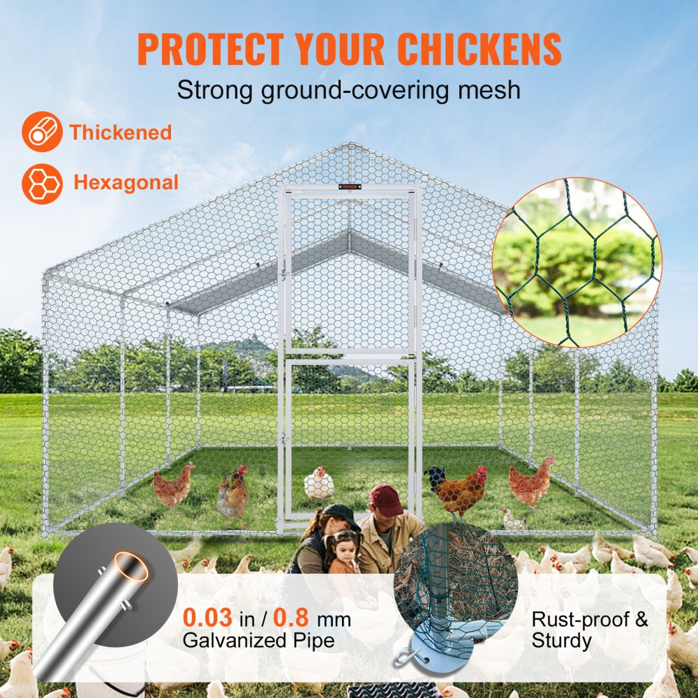 VEVOR large metal chicken coop with hexagonal mesh, galvanized pipe, and rust-proof sturdy design.