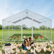 VEVOR Coș mare de găini din metal cu alergare, cușcă pentru păsări pentru curte, capac impermeabil, 19,7 x 9,8 x 6,6 ft, acoperiș cu vârf pentru găină, coș pentru rațe și iepure, argintiu