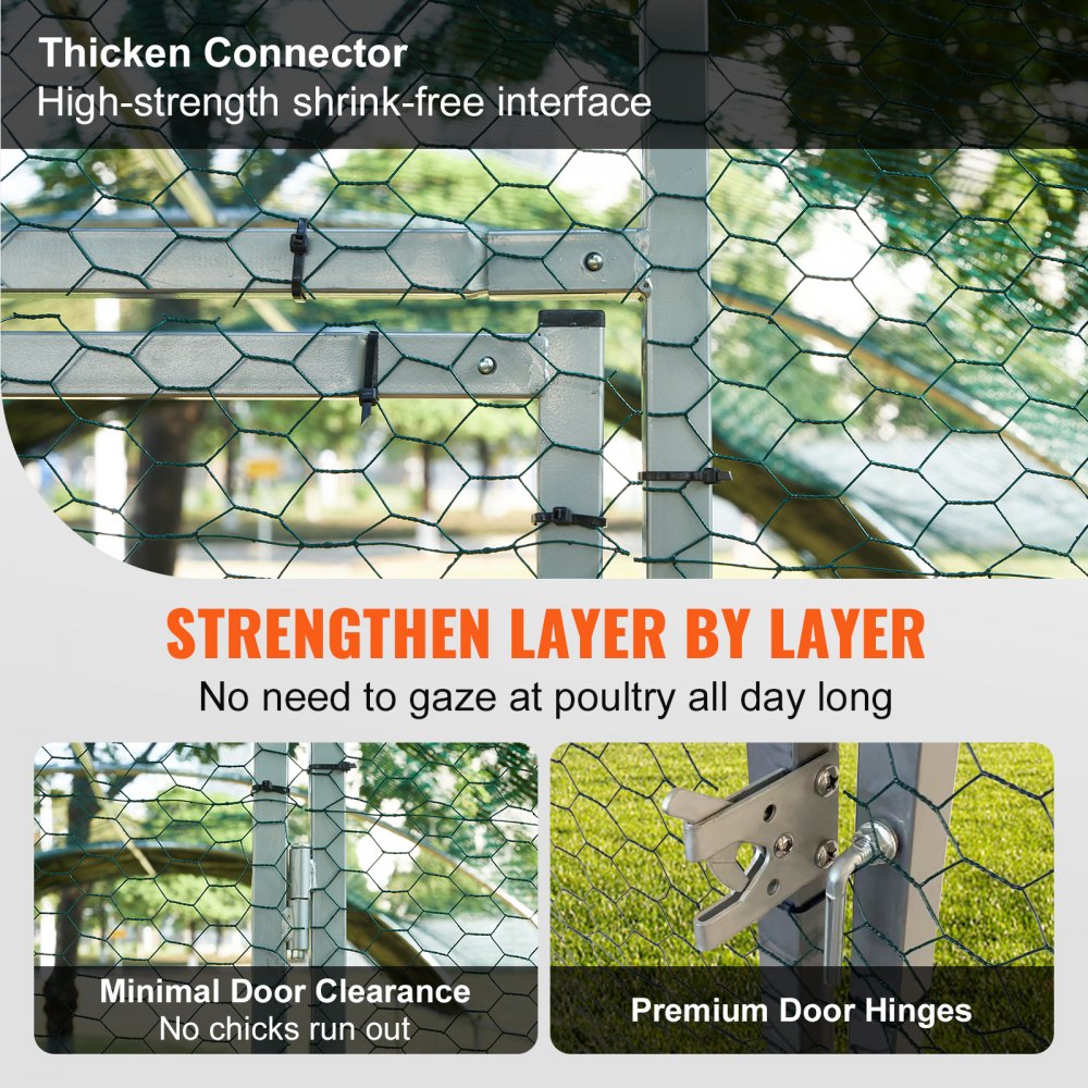 thicken connector and sturdy mesh of VEVOR large metal chicken coop with minimal door clearance and durable hinges.