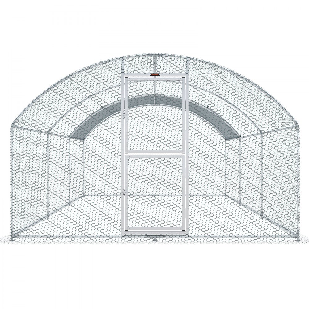 VEVOR large metal chicken coop with arched roof and wire mesh sides, sturdy entry door in the center.