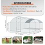 VEVOR large metal chicken coop dimensions, door size, tarp material, main material, and product weight.