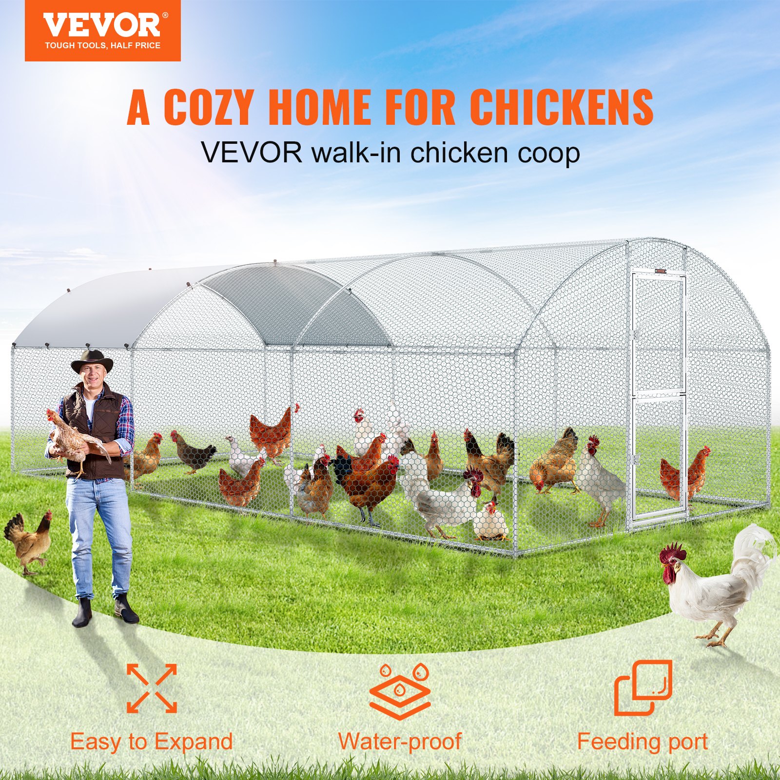 VEVOR large metal chicken coop with chickens, waterproof cover, easy expansion, and feeding port.