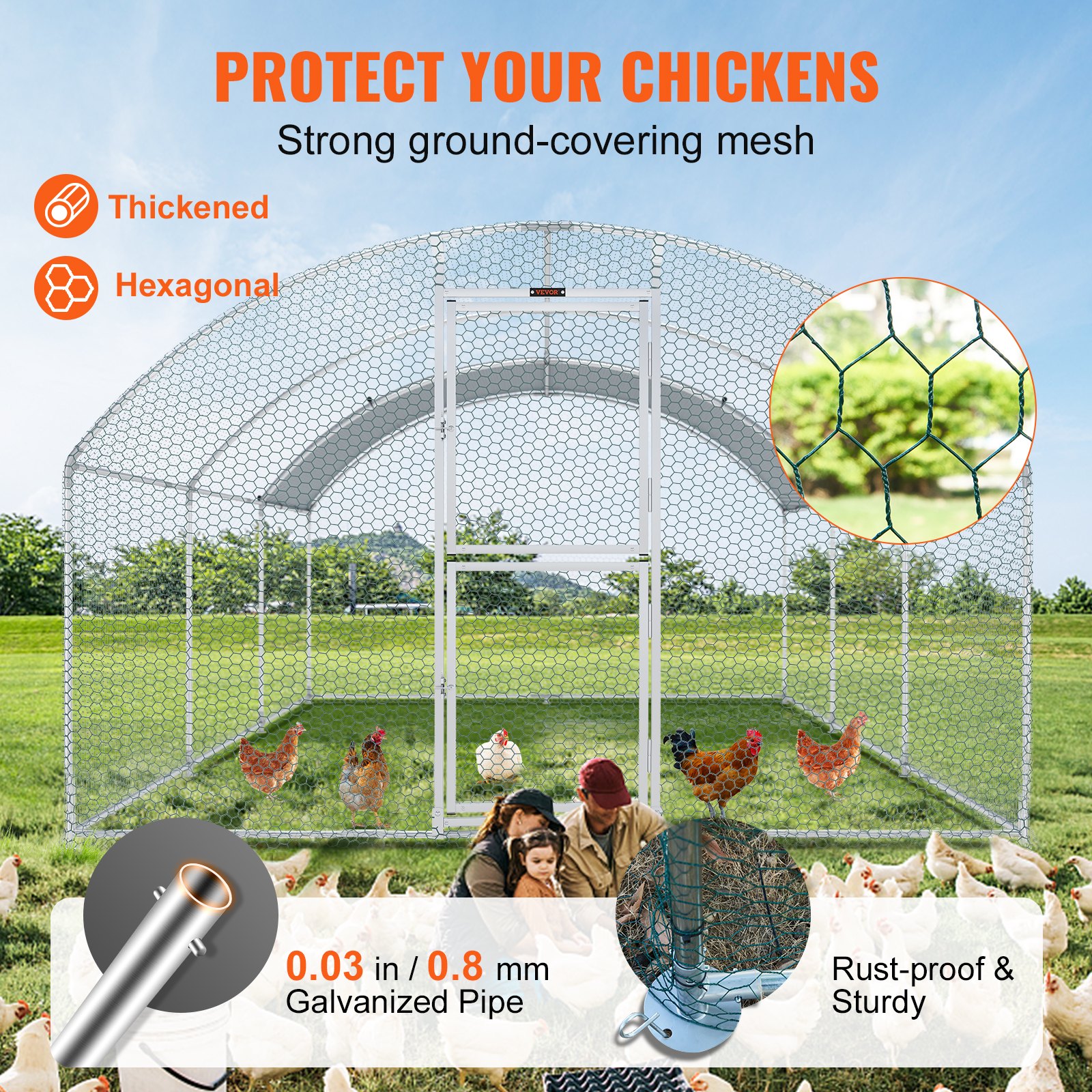 VEVOR large metal chicken coop with hexagonal mesh, galvanized pipe, and rust-proof sturdy design.