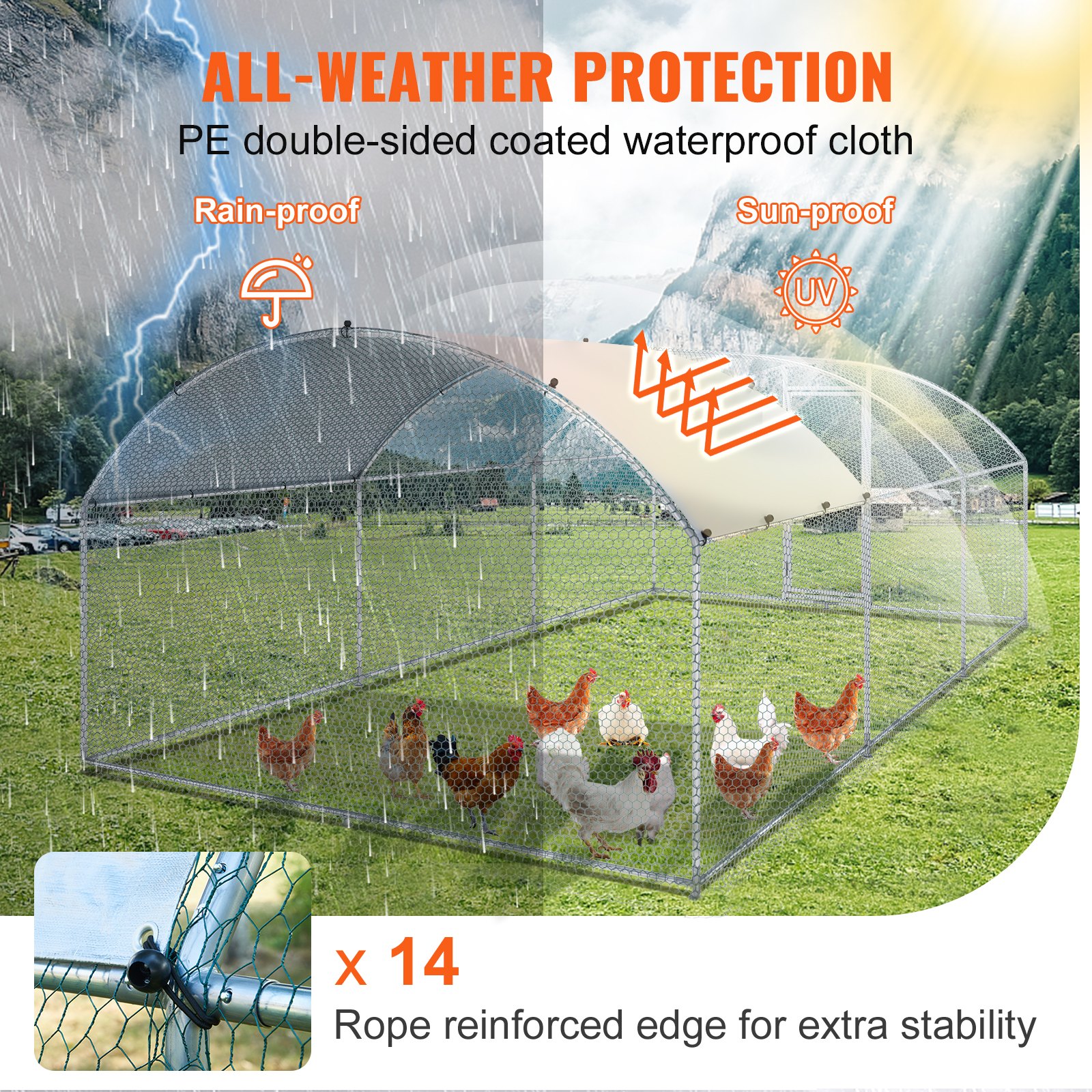 VEVOR large metal chicken coop with all-weather protection, showcasing rain-proof and sun-proof features.