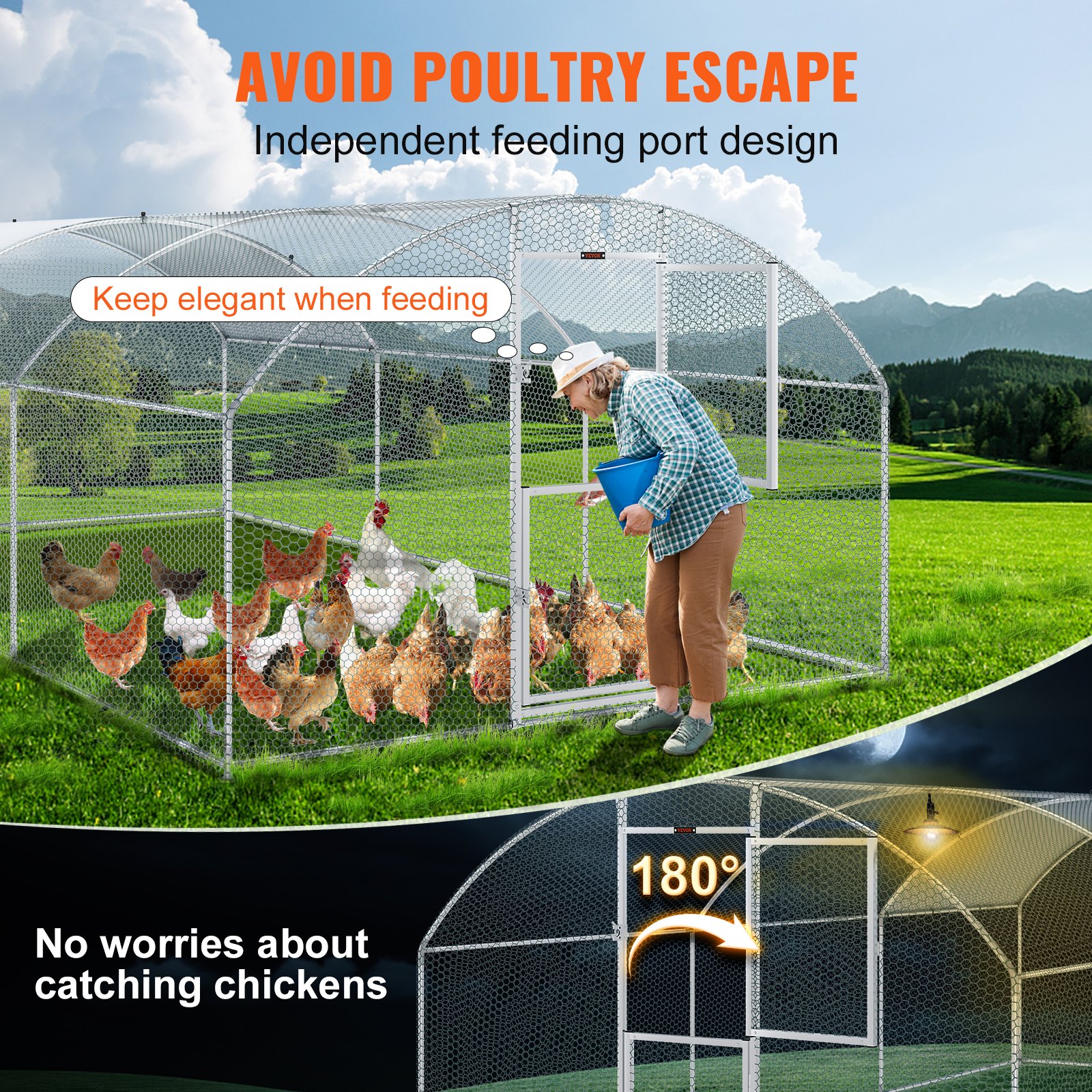 VEVOR large metal chicken coop with independent feeding port and 180-degree door in a scenic field.