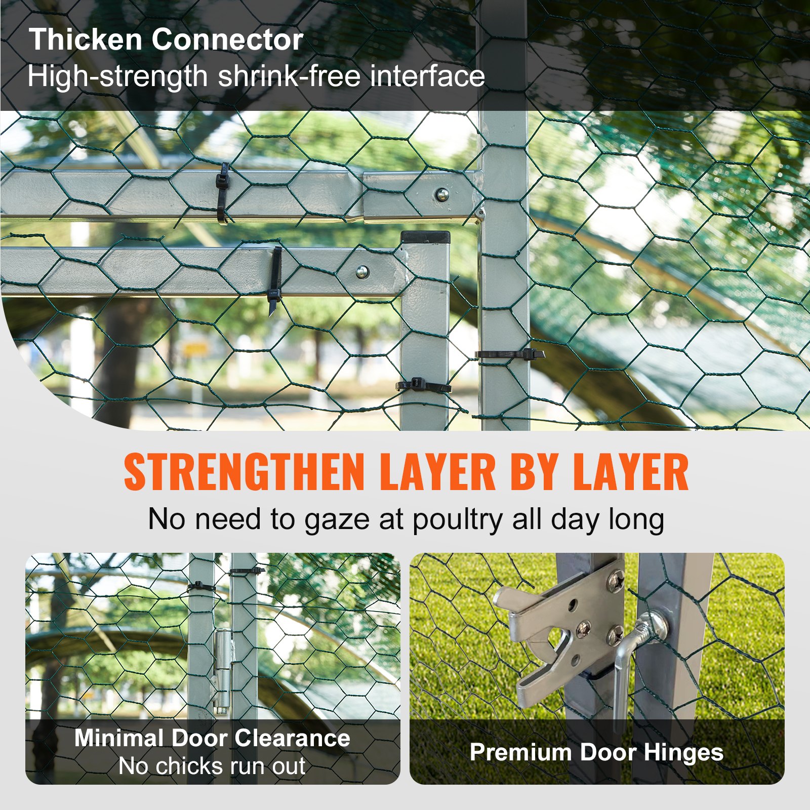 thicken connector and sturdy mesh of VEVOR large metal chicken coop with minimal door clearance and durable hinges.
