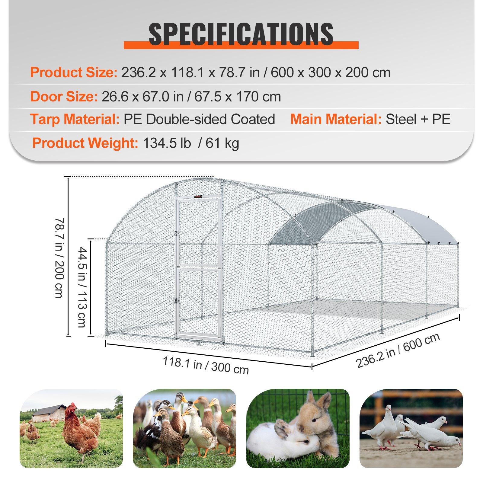 VEVOR large metal chicken coop dimensions, door size, tarp material, main material, and product weight.