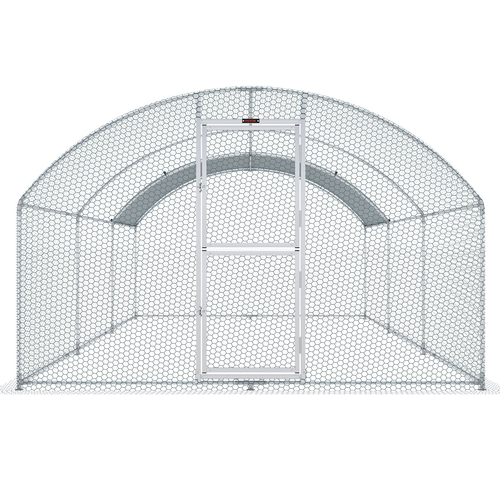 VEVOR large metal chicken coop with arched roof and wire mesh sides, sturdy entry door in the center.
