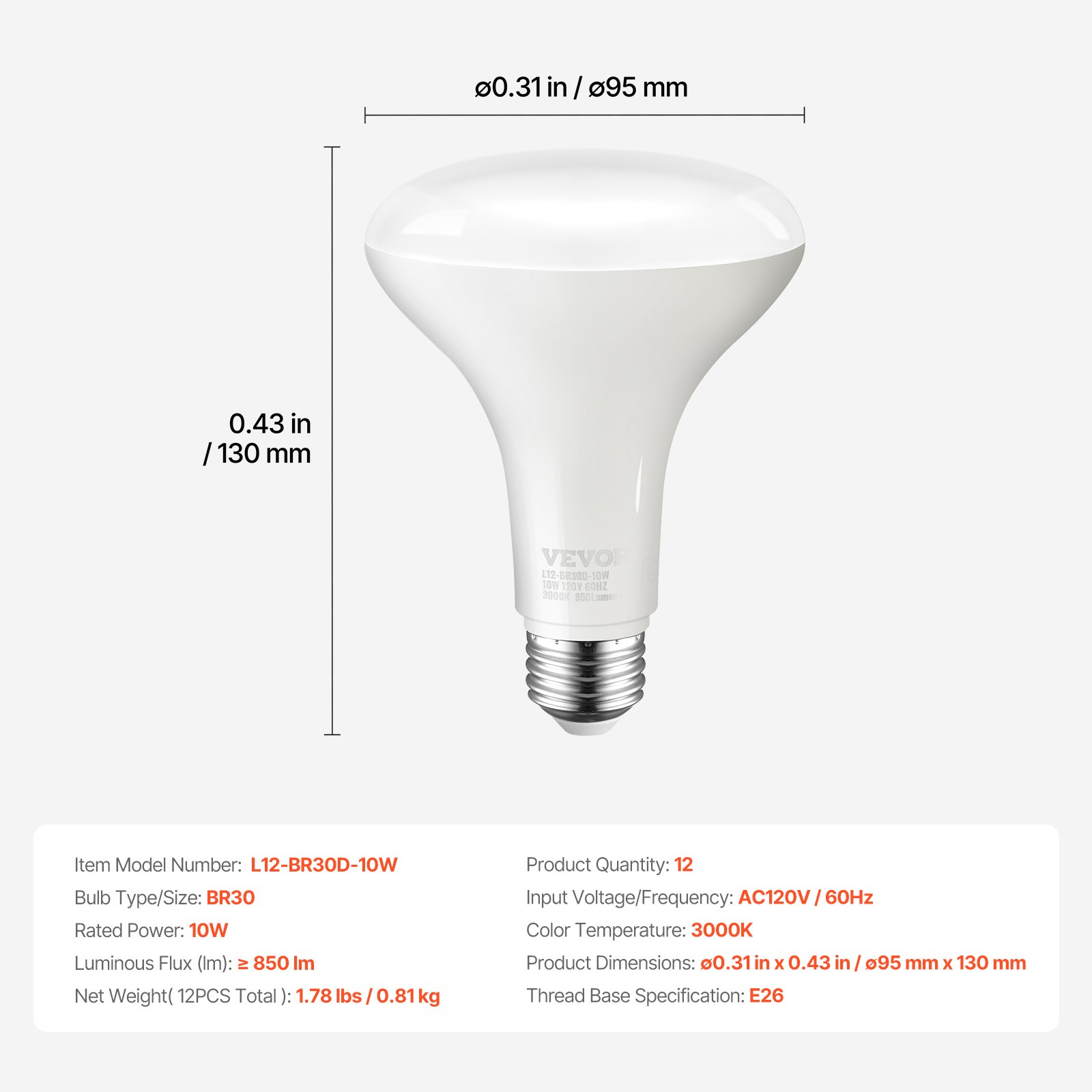 VEVOR BR30 Flood Light Bulb, 12 Pack LED Indoor Flood Lights, 850 Lumens LED Flood Light Bulbs, E26 Standard Base, 3000K Warm Light, 15,000 Hour Lifetime, Stepless Dimmable Recessed Can Light Bulbs