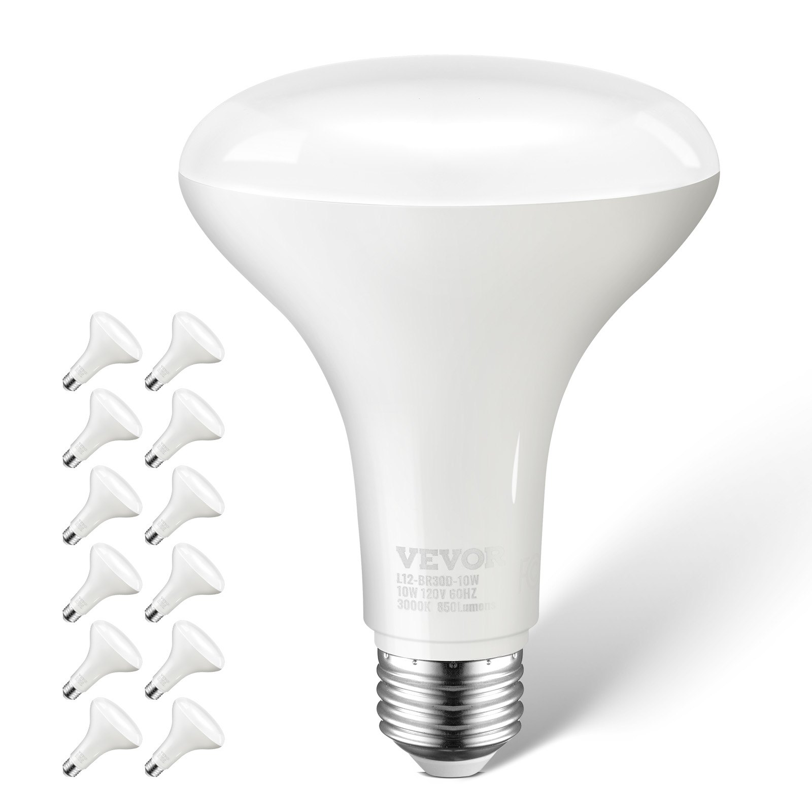 VEVOR BR30 Flood Light Bulb, 12 Pack LED Indoor Flood Lights, 850 Lumens LED Flood Light Bulbs, E26 Standard Base, 3000K Warm Light, 15,000 Hour Lifetime, Stepless Dimmable Recessed Can Light Bulbs