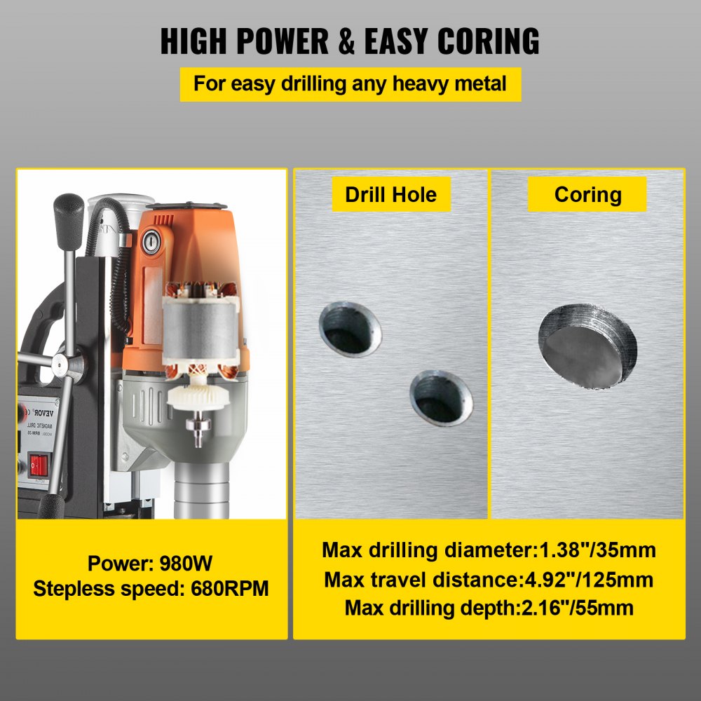 VEVOR Magnetic Drill 220V-240V Magnetic Drilling Machine 980W, Metal Drill Press High Power  680 rpm, Multi-Function Metal Drill Press 35MM Core Drilling Machine for Drilling And Tapping