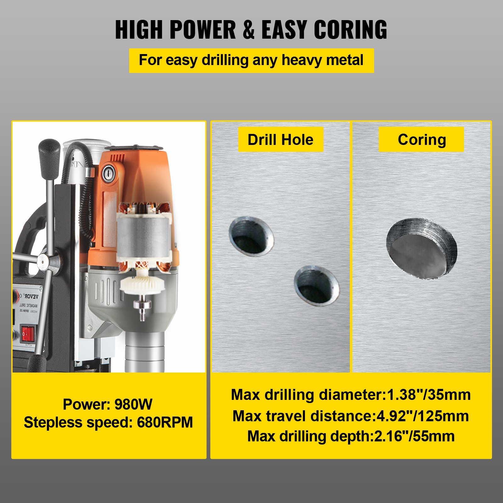 VEVOR Magnetic Drill 220V-240V Magnetic Drilling Machine 980W, Metal Drill Press High Power  680 rpm, Multi-Function Metal Drill Press 35MM Core Drilling Machine for Drilling And Tapping