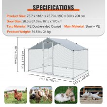 VEVOR Large Metal Chicken Coop with Run, Walkin Chicken Coop for Yard with Waterproof Cover, 6.6 x 9.8 x 6.6 ft, Peaked Roof Large Poultry Cage for Hen House, Duck Coop and Rabbit Run, Silver