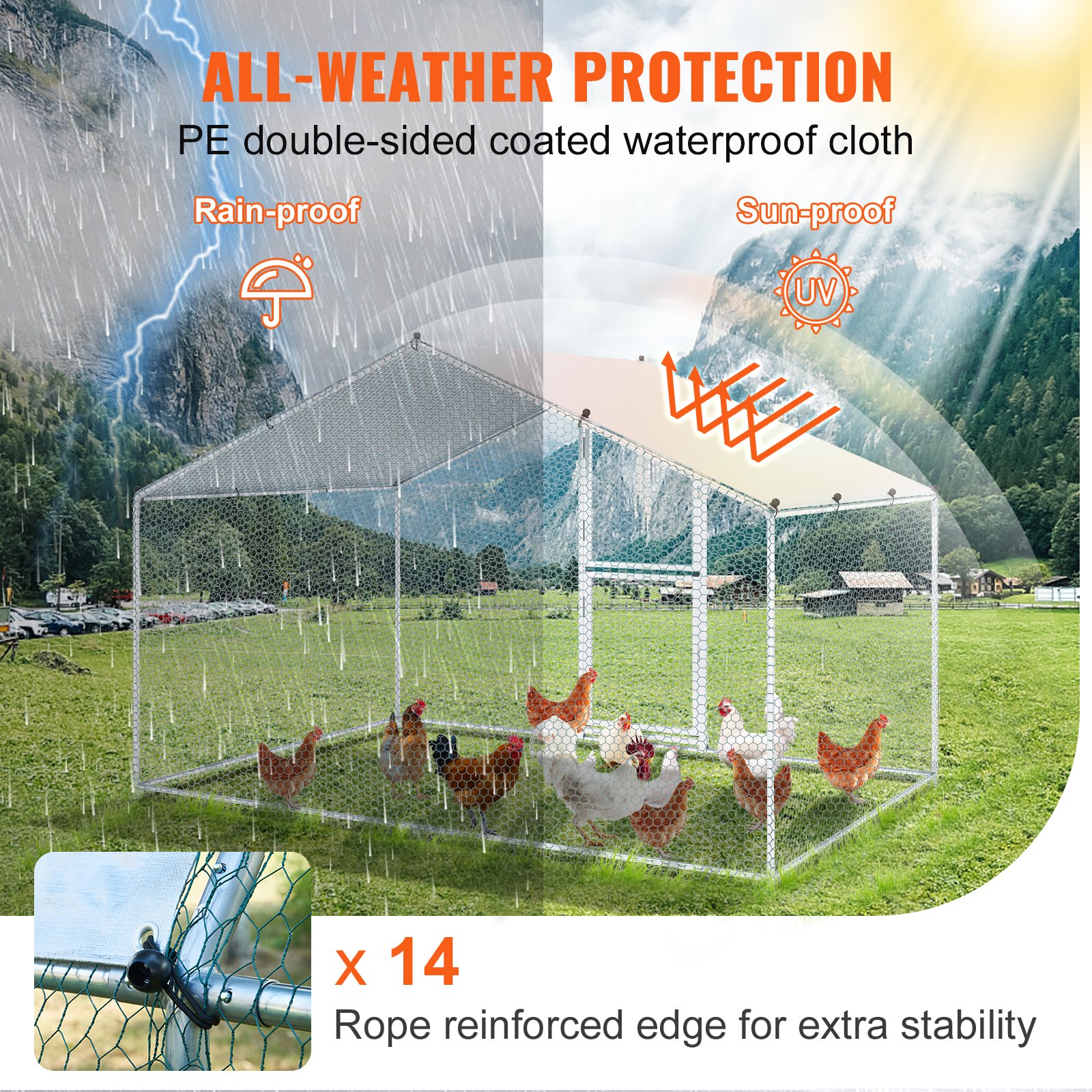 VEVOR Large Metal Chicken Coop with Run, Walkin Chicken Coop for Yard with Waterproof Cover, 6.6 x 9.8 x 6.6 ft, Peaked Roof Large Poultry Cage for Hen House, Duck Coop and Rabbit Run, Silver